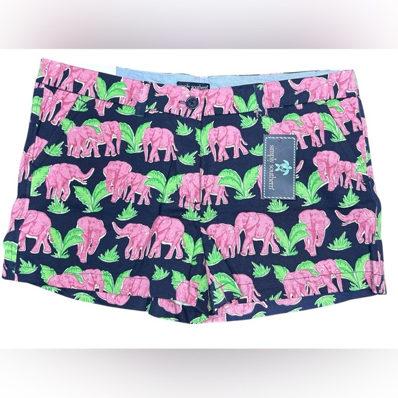 Simply Southern Women’s 3” Shorts Navy Blue Pink Elephants Green Size 10 NWT - Picture 1 of 5
